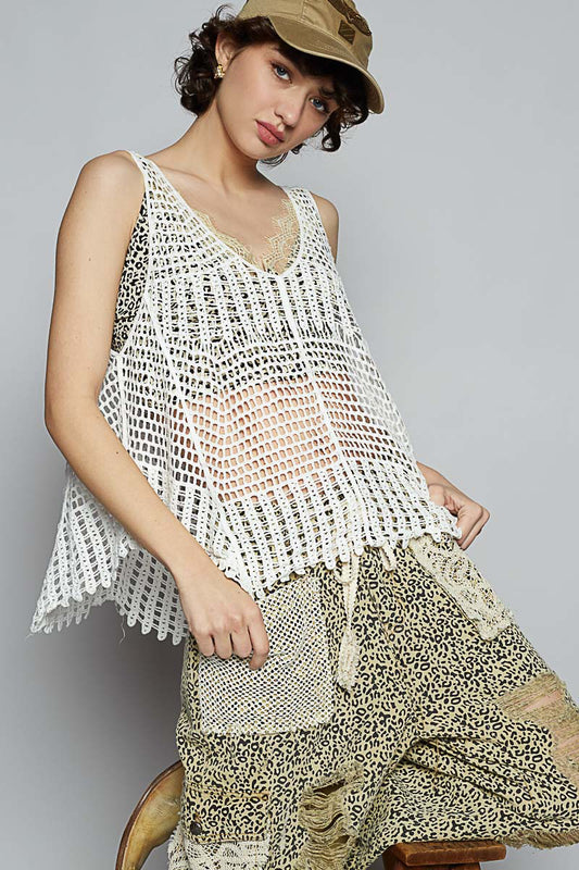 V- Neck White Crochet Tank