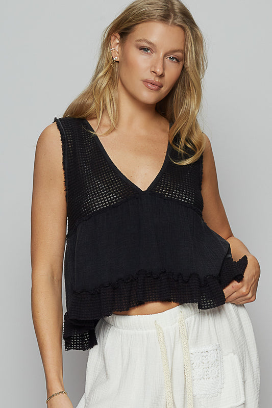 Black V-neck Ruffle Tank