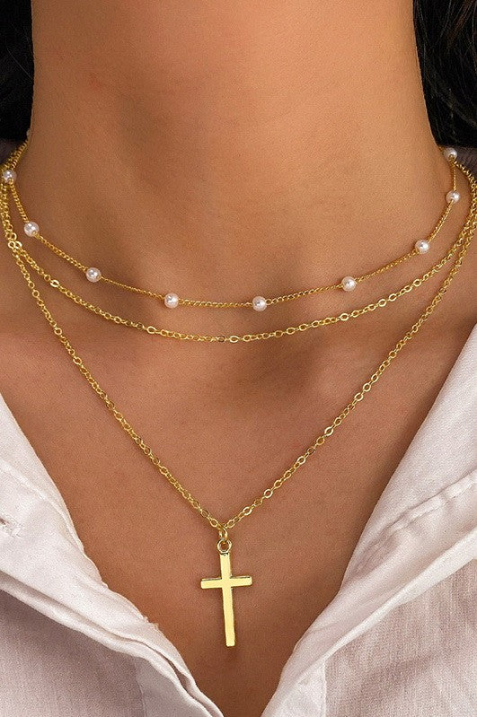 Pearl and Cross Layered Necklace