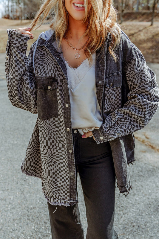 Plaid Patchwork Hooded Denim Jacket