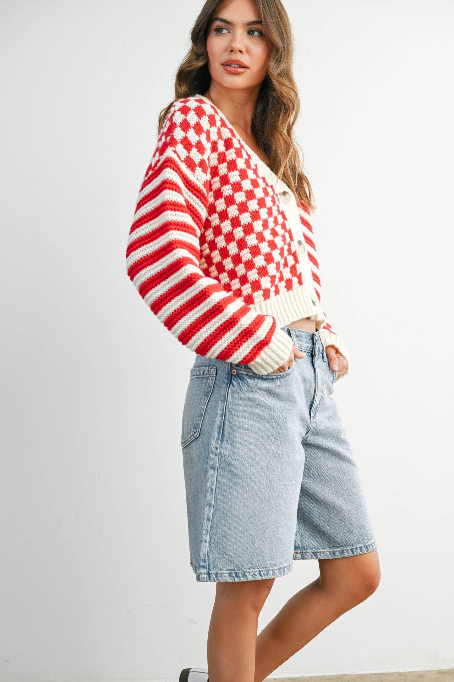 Oversized Button Down Checkered Stripe Cardigan
