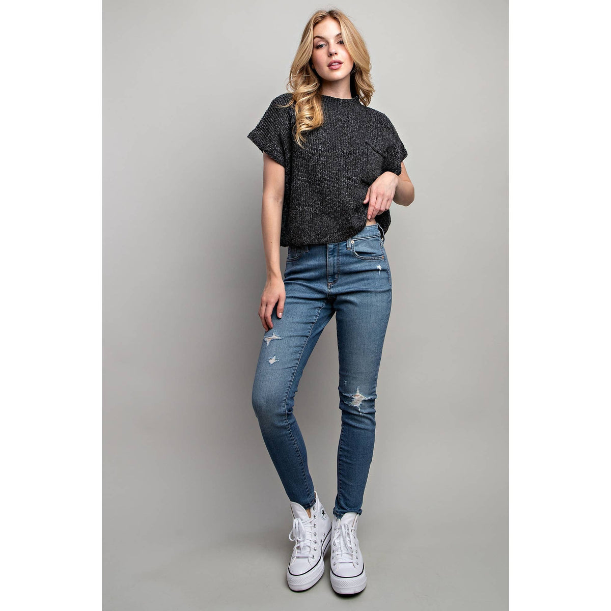 DROP SHOULDER RIB-KNIT SWEATER TOP