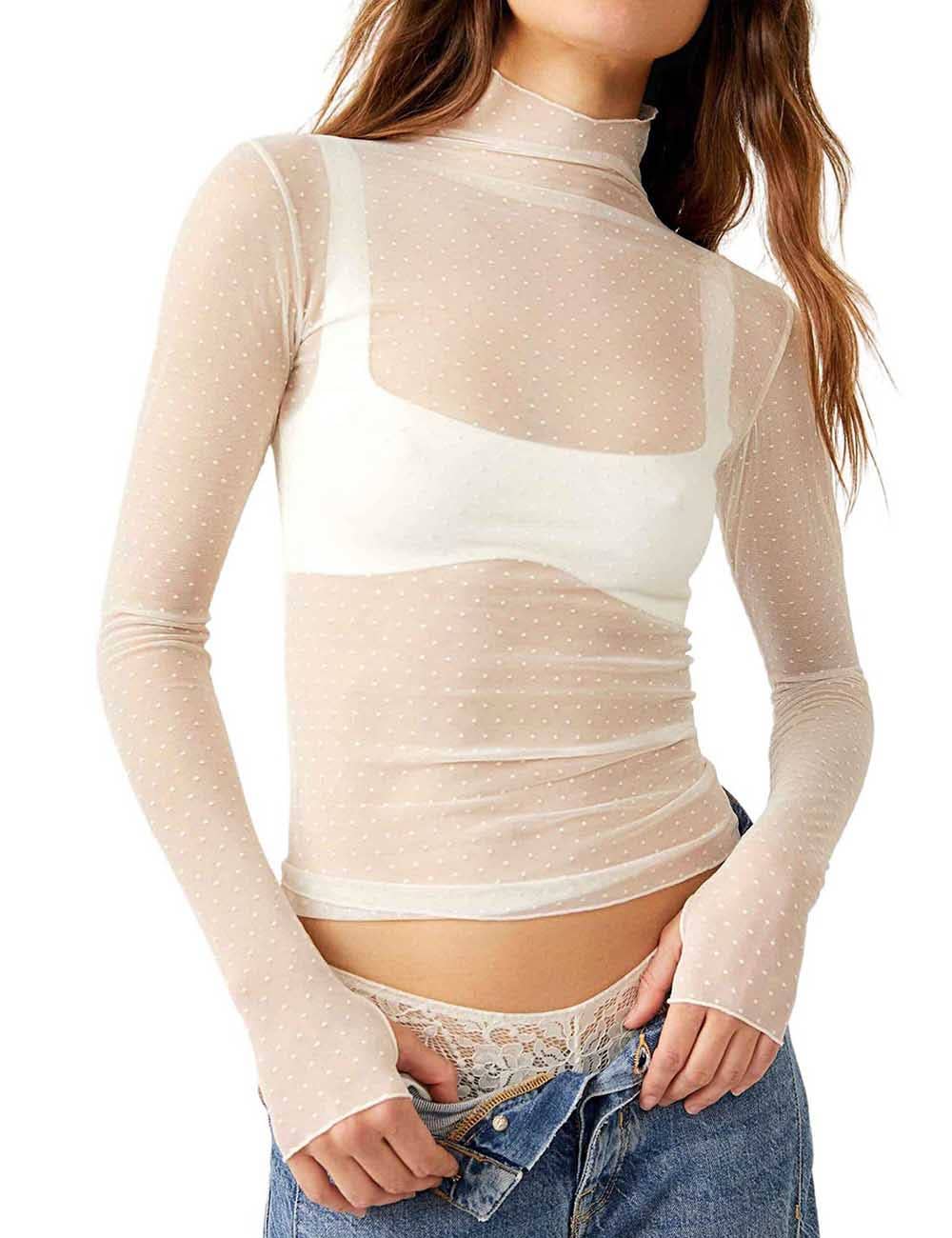 Ladies Solid Color Turtleneck Polka Dot Mesh Layering Top: Ivory