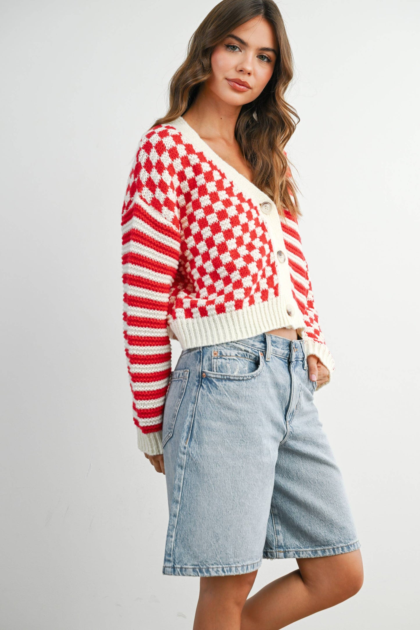 Oversized Button Down Checkered Stripe Cardigan
