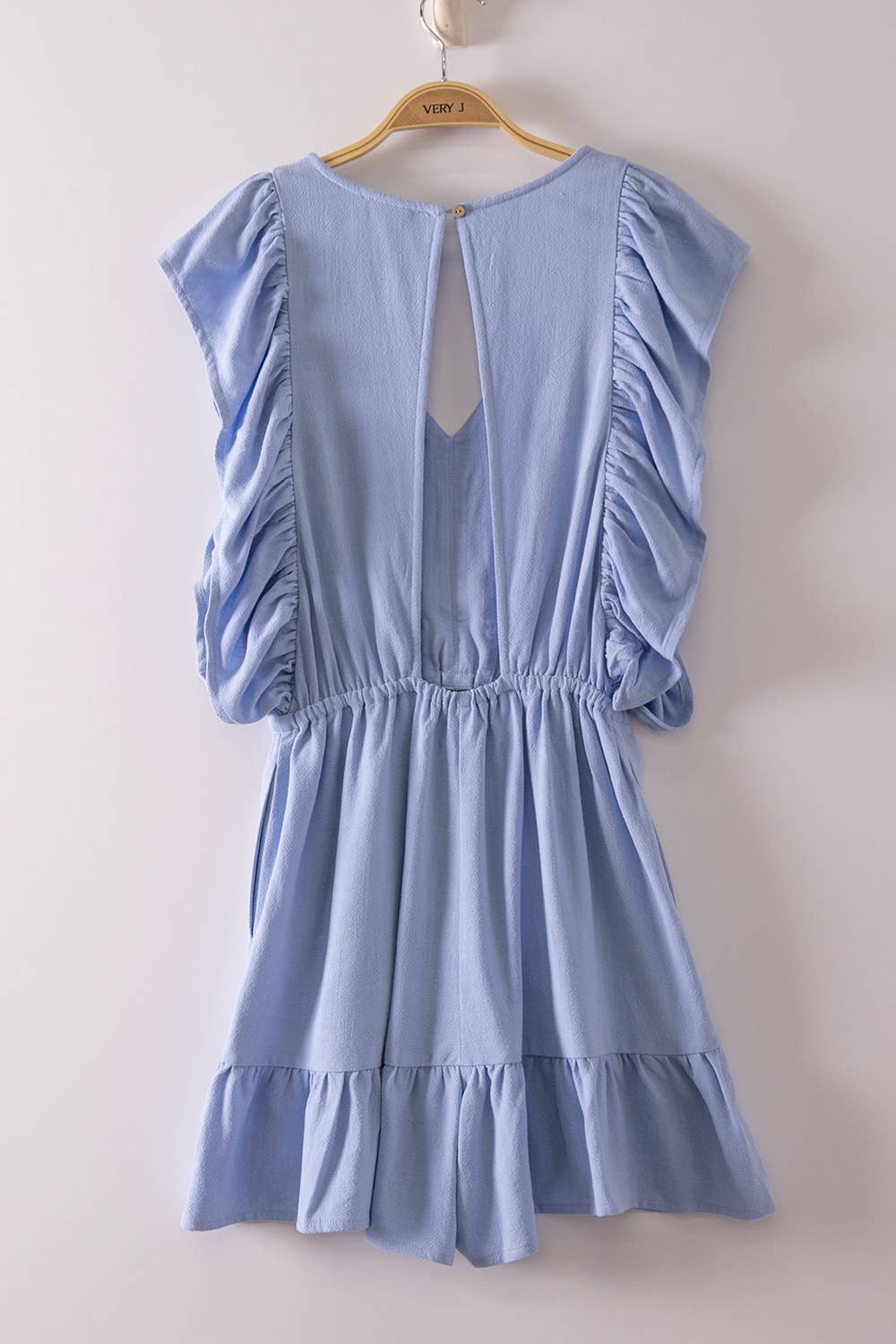 Back Cutout Detail Ruffled Sleeve Romper: BLACK