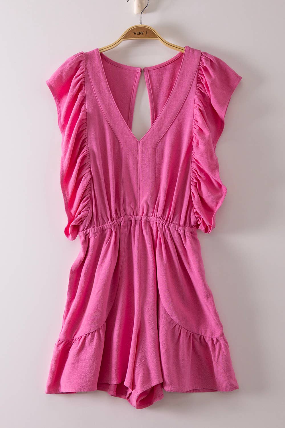 Back Cutout Detail Ruffled Sleeve Romper:Orange