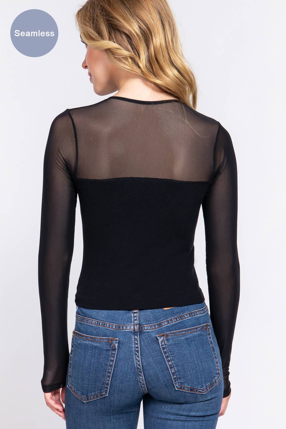 Long Sleeve Round Neck Mesh Combination Seamless Top Black