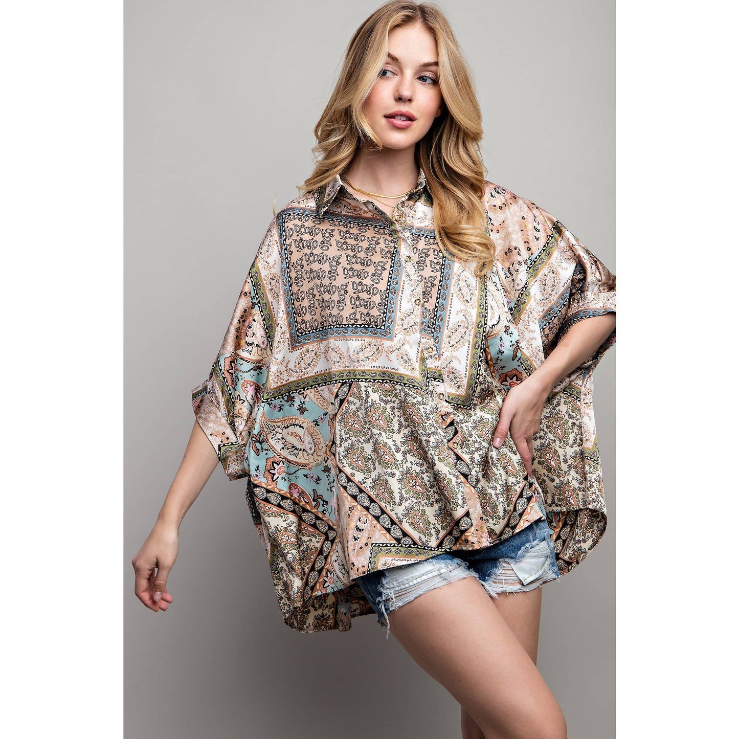 Satin Print Button Down Shirt: Mocha