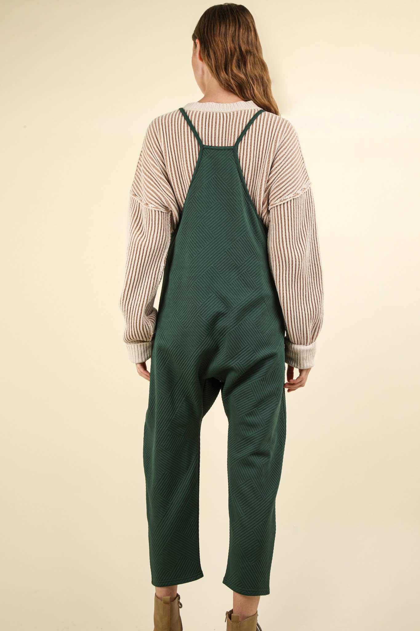Quilted Loose Fit Casual Baggy Knit Jumpsuit: Olive