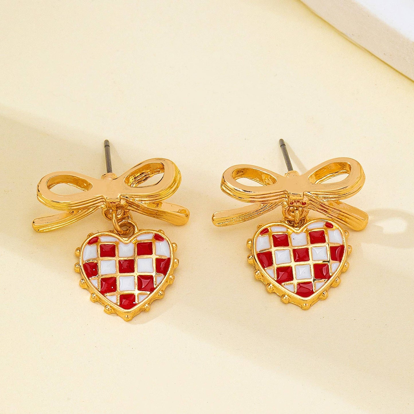 Checkered Heart Bow Drop Earrings