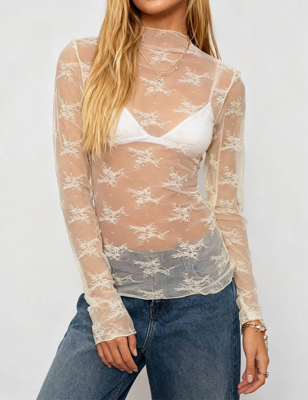 Lux Layering Floral Lace See Through Mesh Top Blouse: White