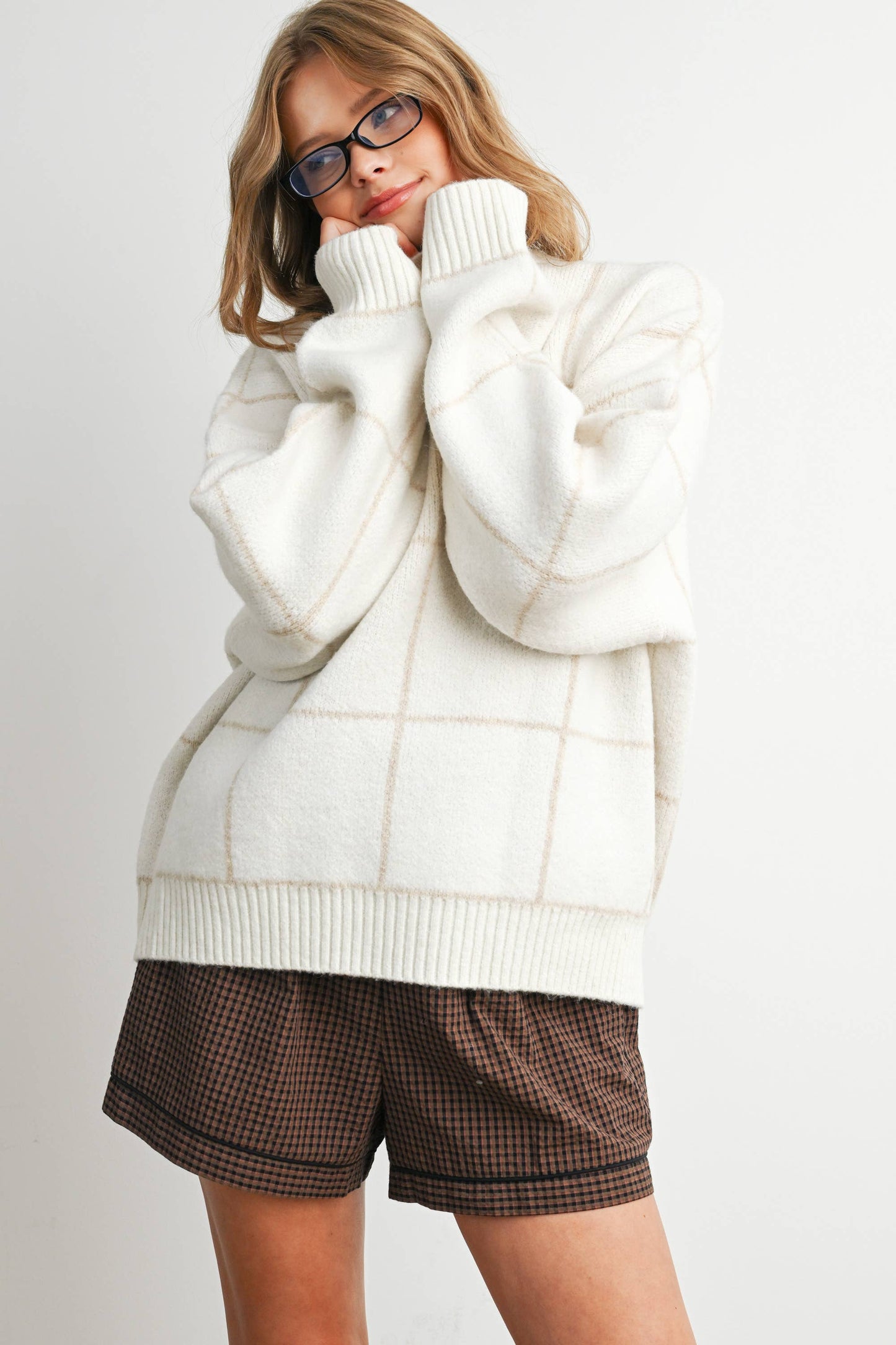 Checkered Crew Neck Knit Sweater