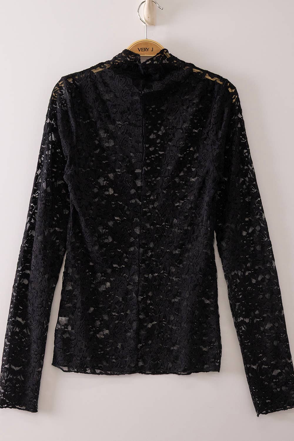 High Neck Fitted Sheer Mesh Lace Knit Top: BLACK