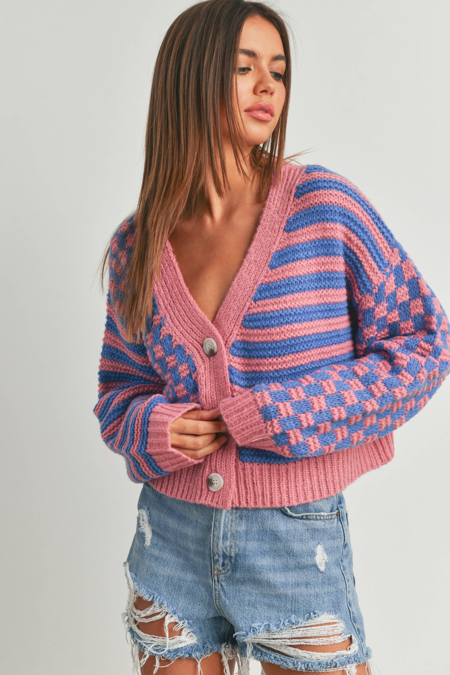 Oversized Button Down Checkered Stripe Cardigan