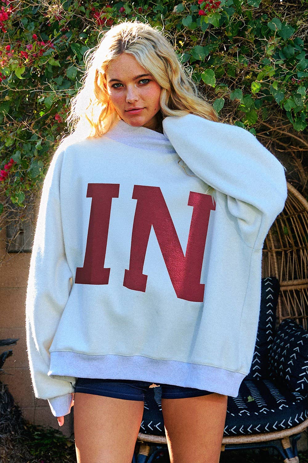 'INDIANA & IN' Print Reversible Mockneck- Heather grey