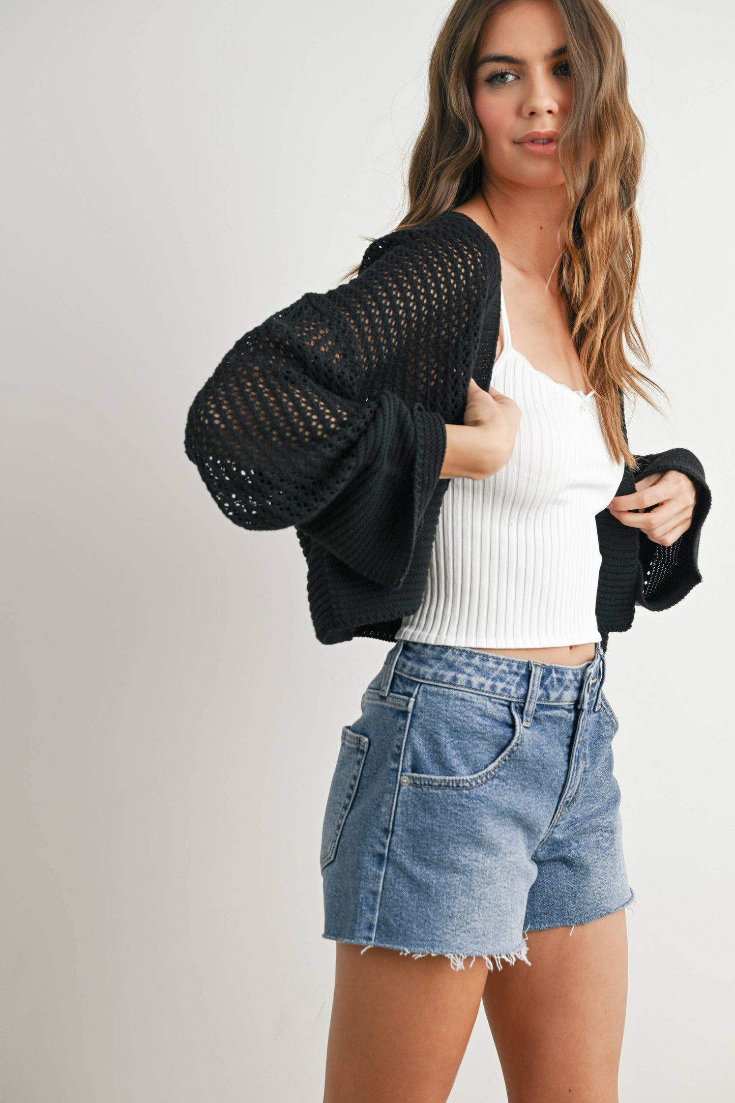 Wide Sleeve Textured Crop Cardigan Sweater