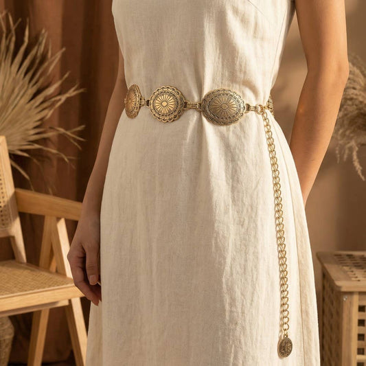 Ornate Oval Western Concho Disc Chain Belt