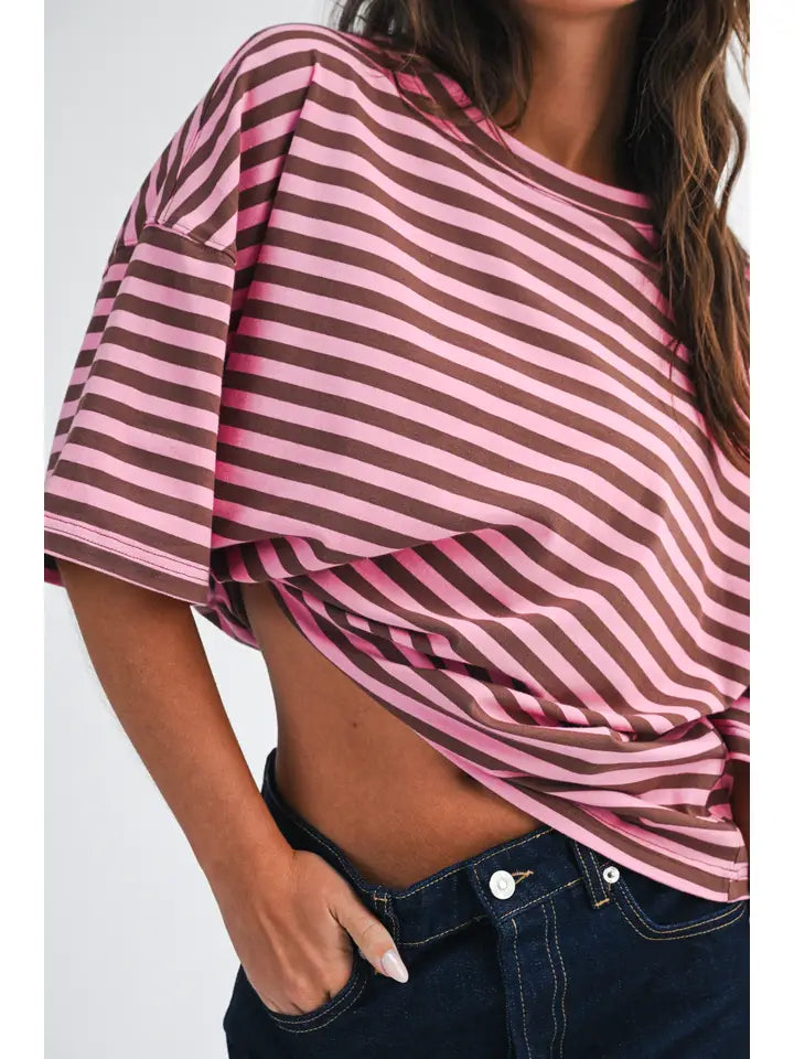 Oversized Stripe Boyfriend Tee- Chocolate