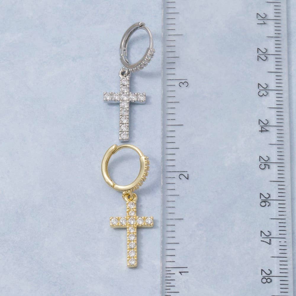 Secret Box Gold Dipped Cz Pave Cross Drop Earrings