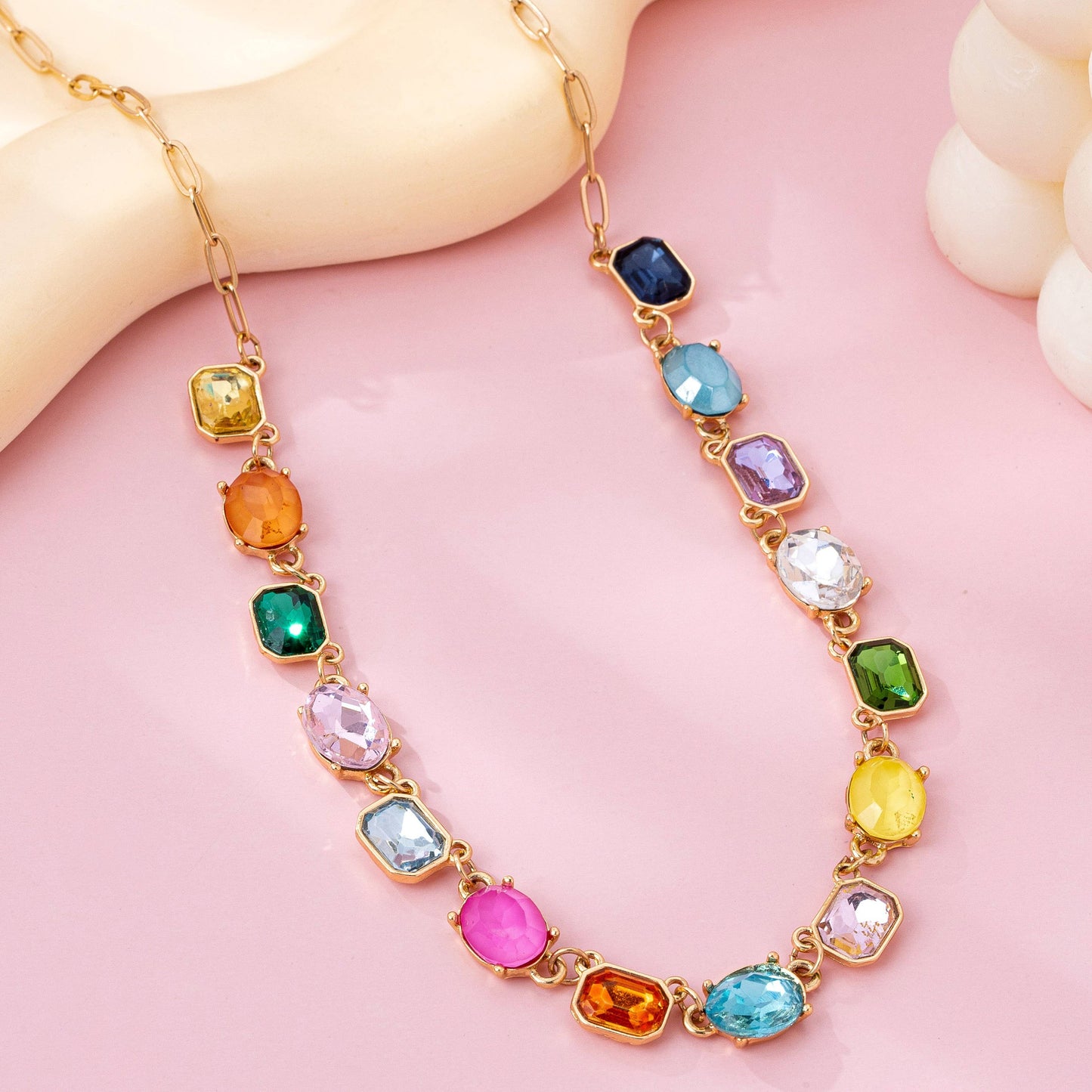 Multicolor Gemstone Link Necklace |  Gold