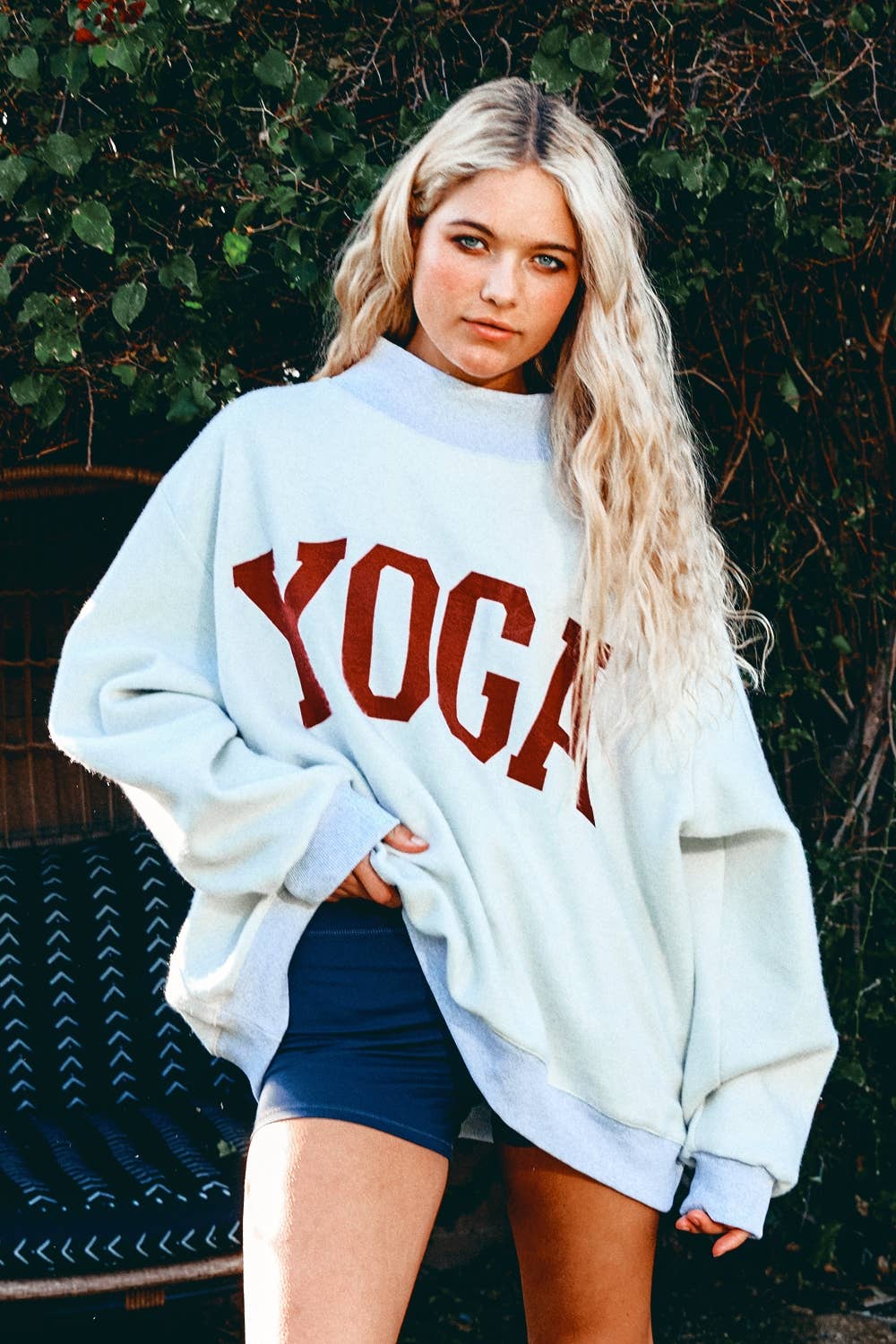 'PILATES & YOGA' Print Reversible Mockneck Sweatshirt