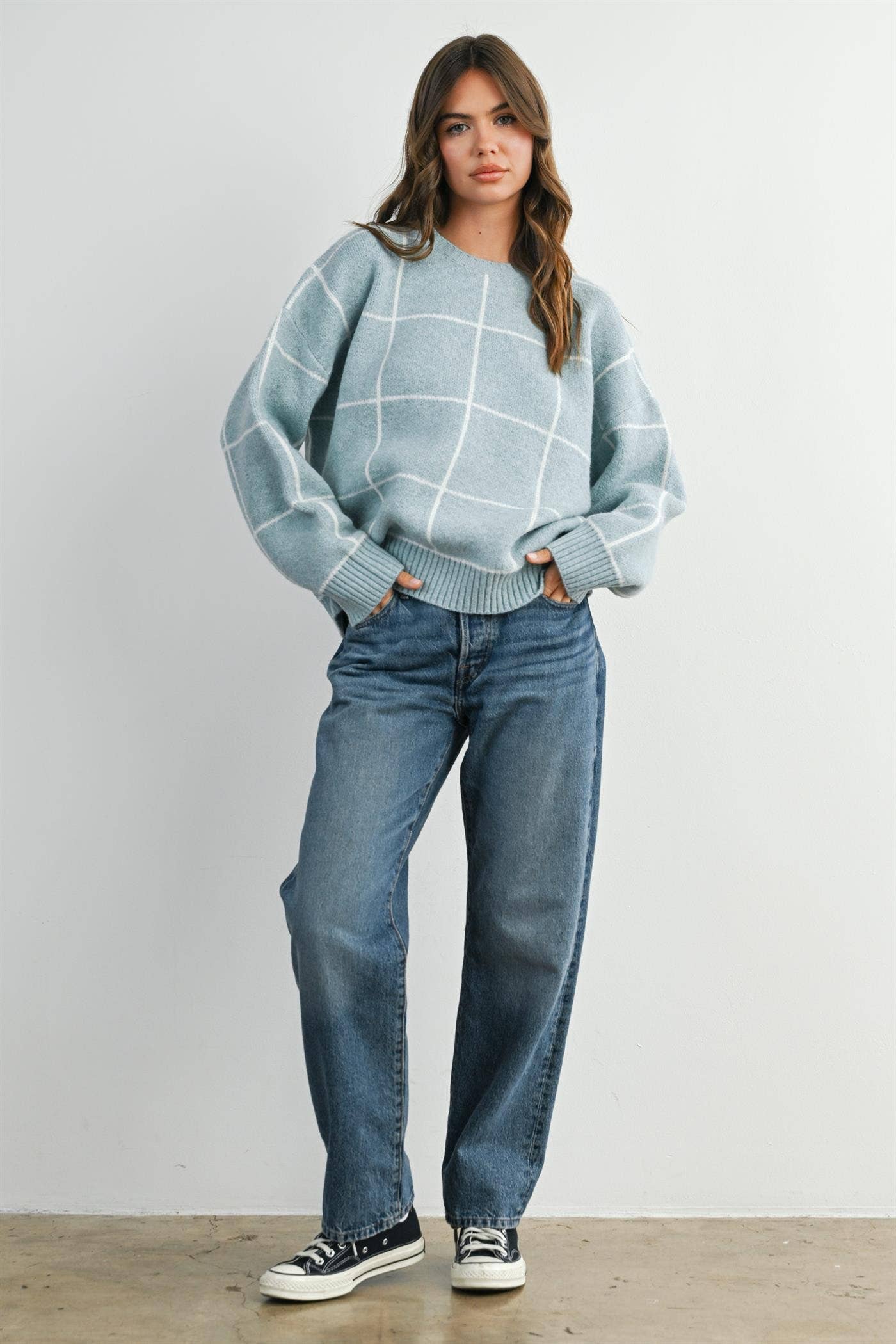 Checkered Crew Neck Knit Sweater