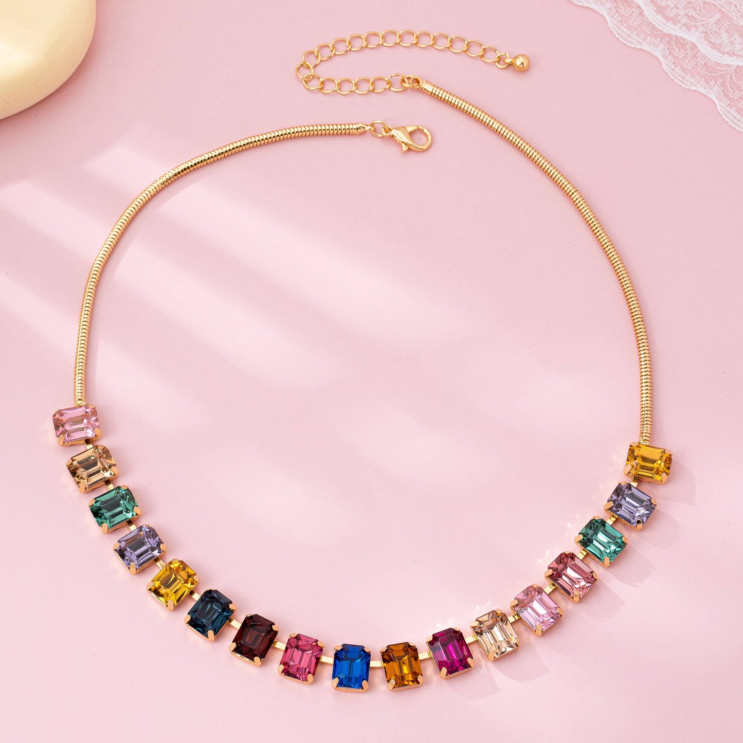 Rainbow Emerald-Cut Gemstone Statement Necklace | Gold