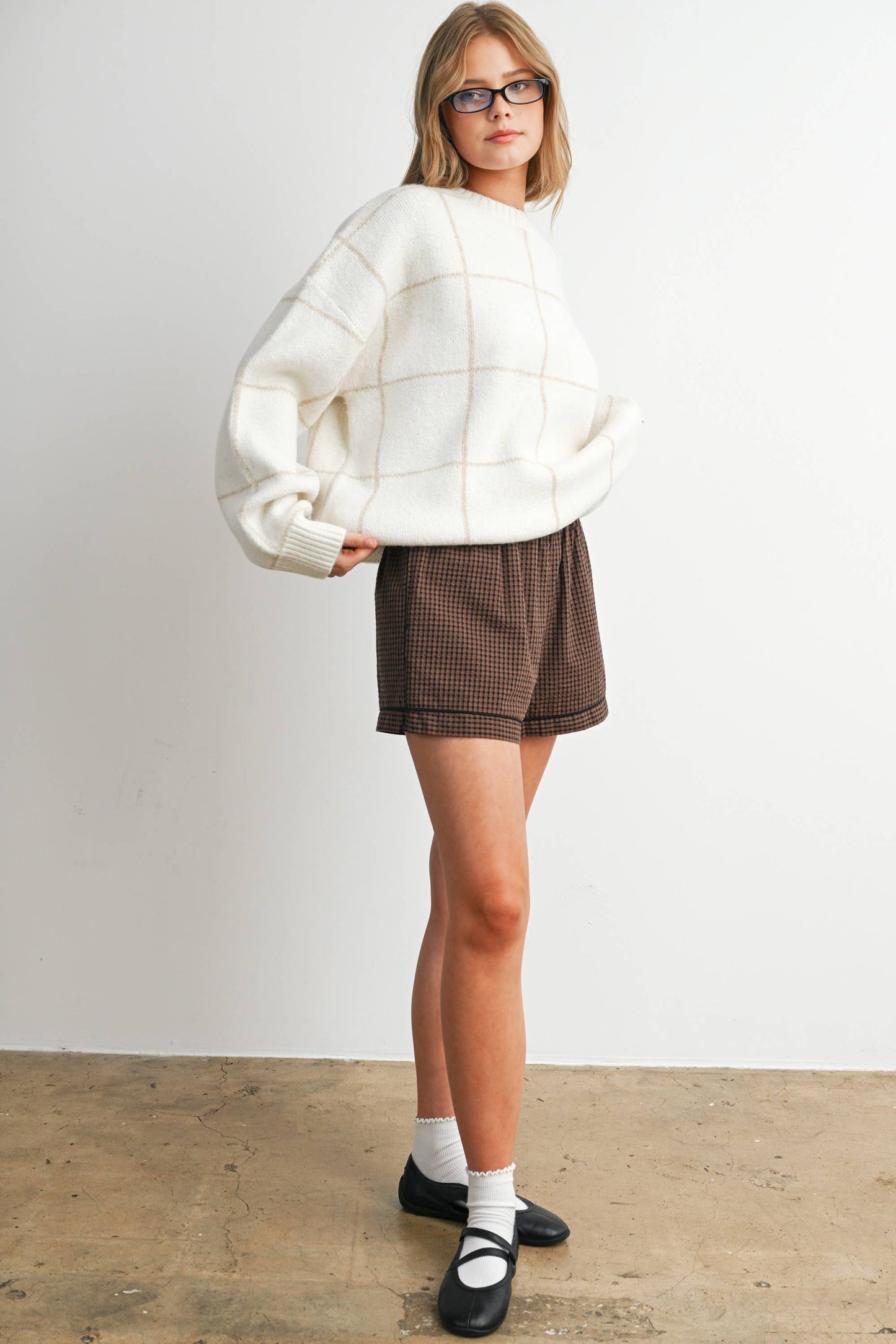 Checkered Crew Neck Knit Sweater