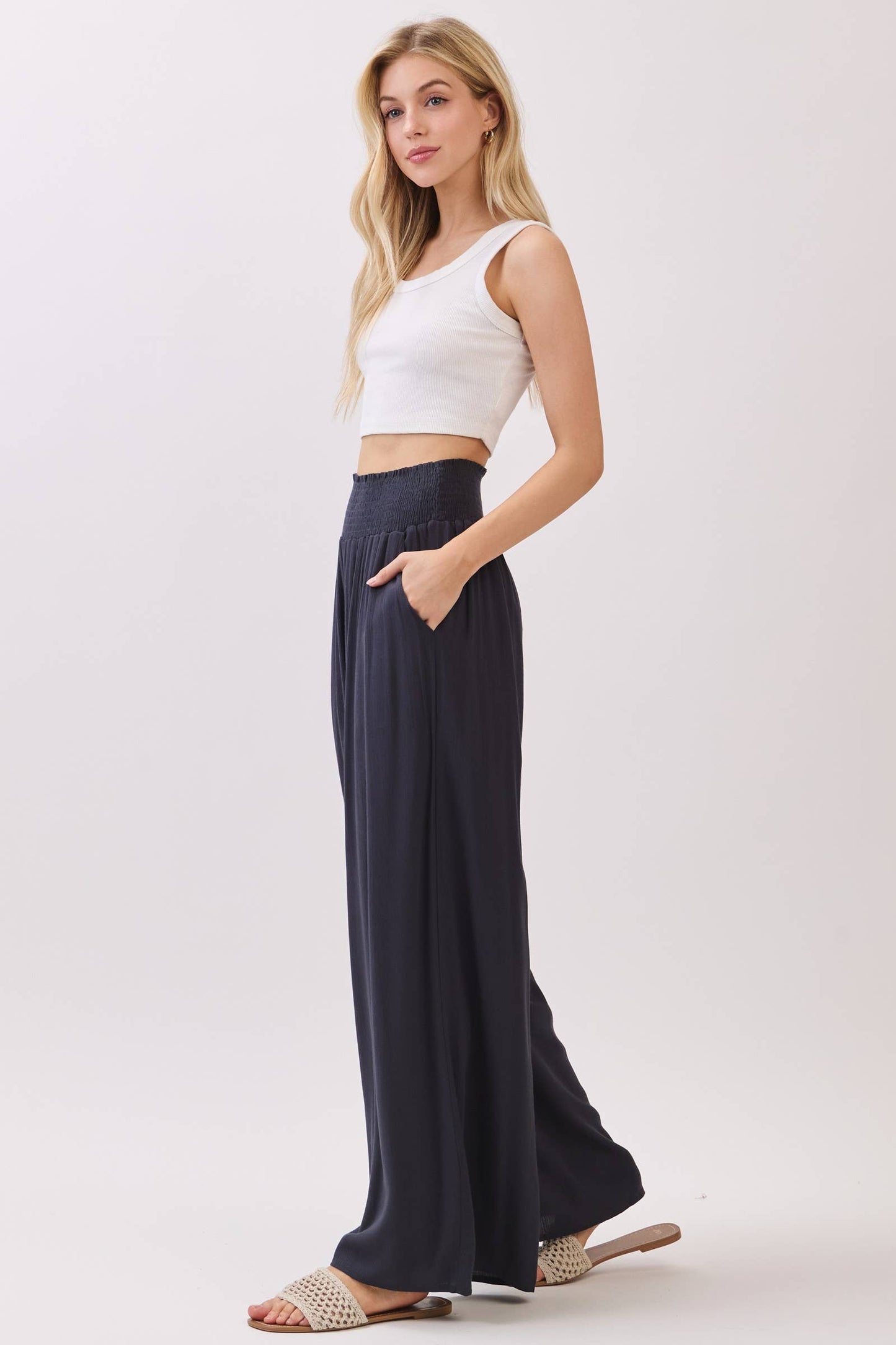Wide Smock Waist Wide Leg Pants