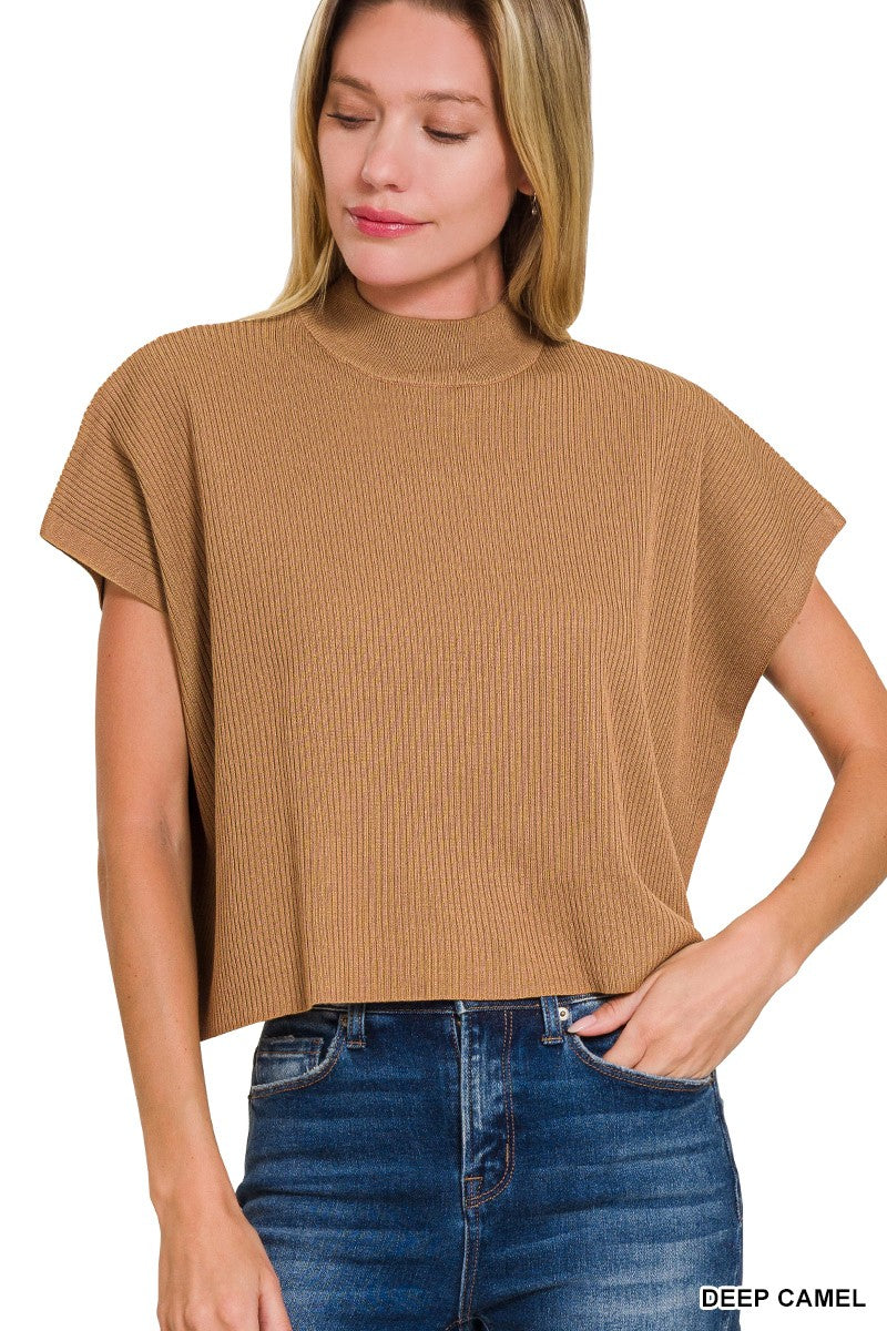 Viscose Mock Neck Short Sleeve Boxy Sweater