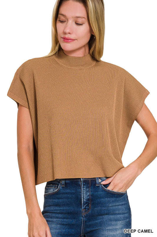 Viscose Mock Neck Short Sleeve Boxy Sweater