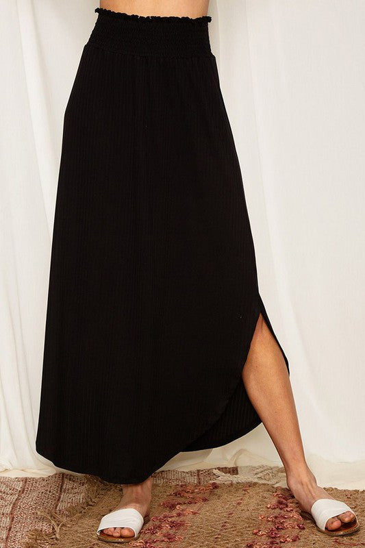 Black Smocked High Waist Maxi Skirt w/ Slit