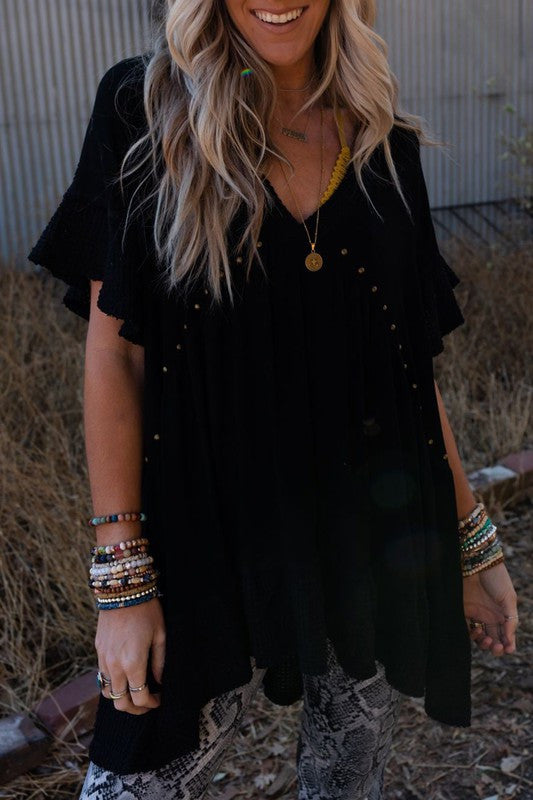 Black V-Neck Studded Blouse