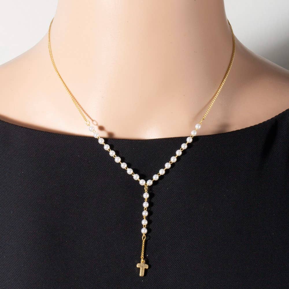Pearl Beaded Y Chain Cross Pendant Necklace