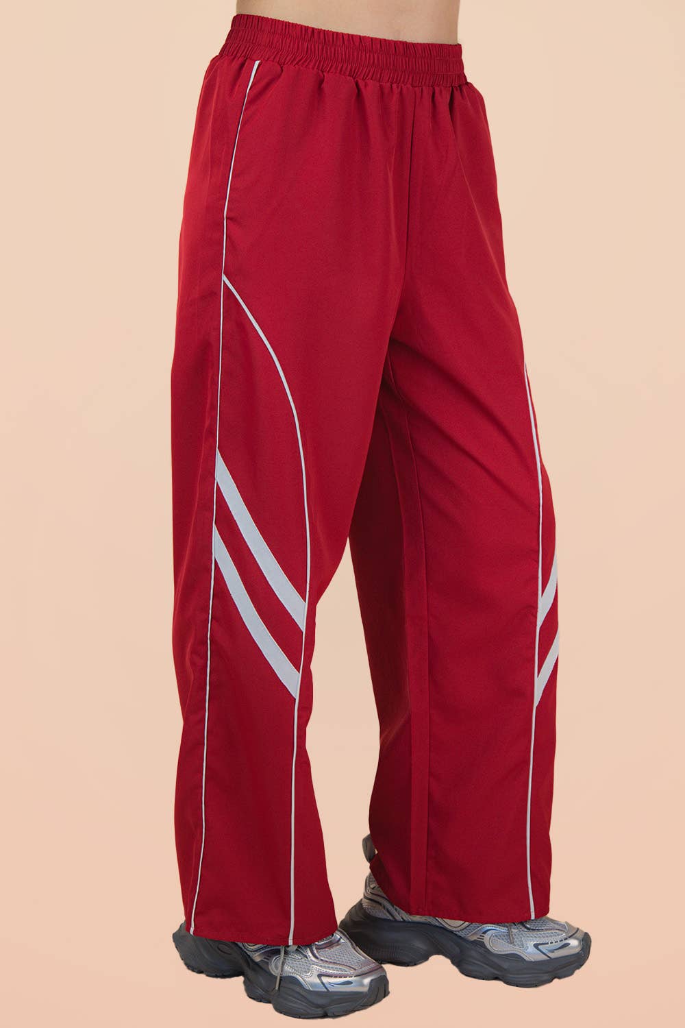 Red Wide Leg Track Pants W/ Piping Detail