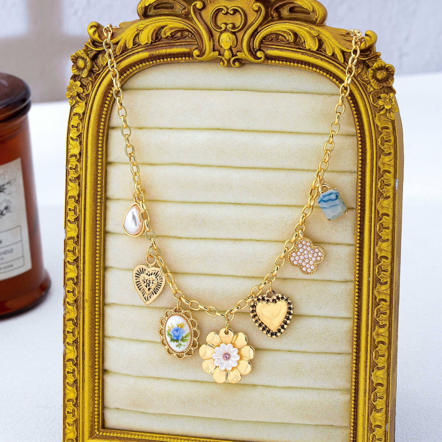 Vintage Heart Porcelain Multi Charm Necklace