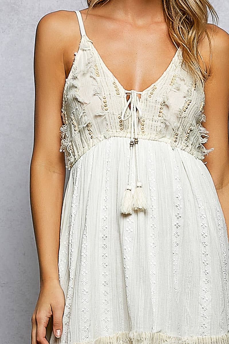 Tassel Trim Wooden Bead Smocked Dress