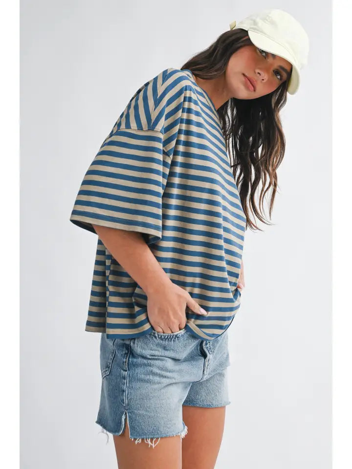 Oversized Stripe Boyfriend Tee- Tan