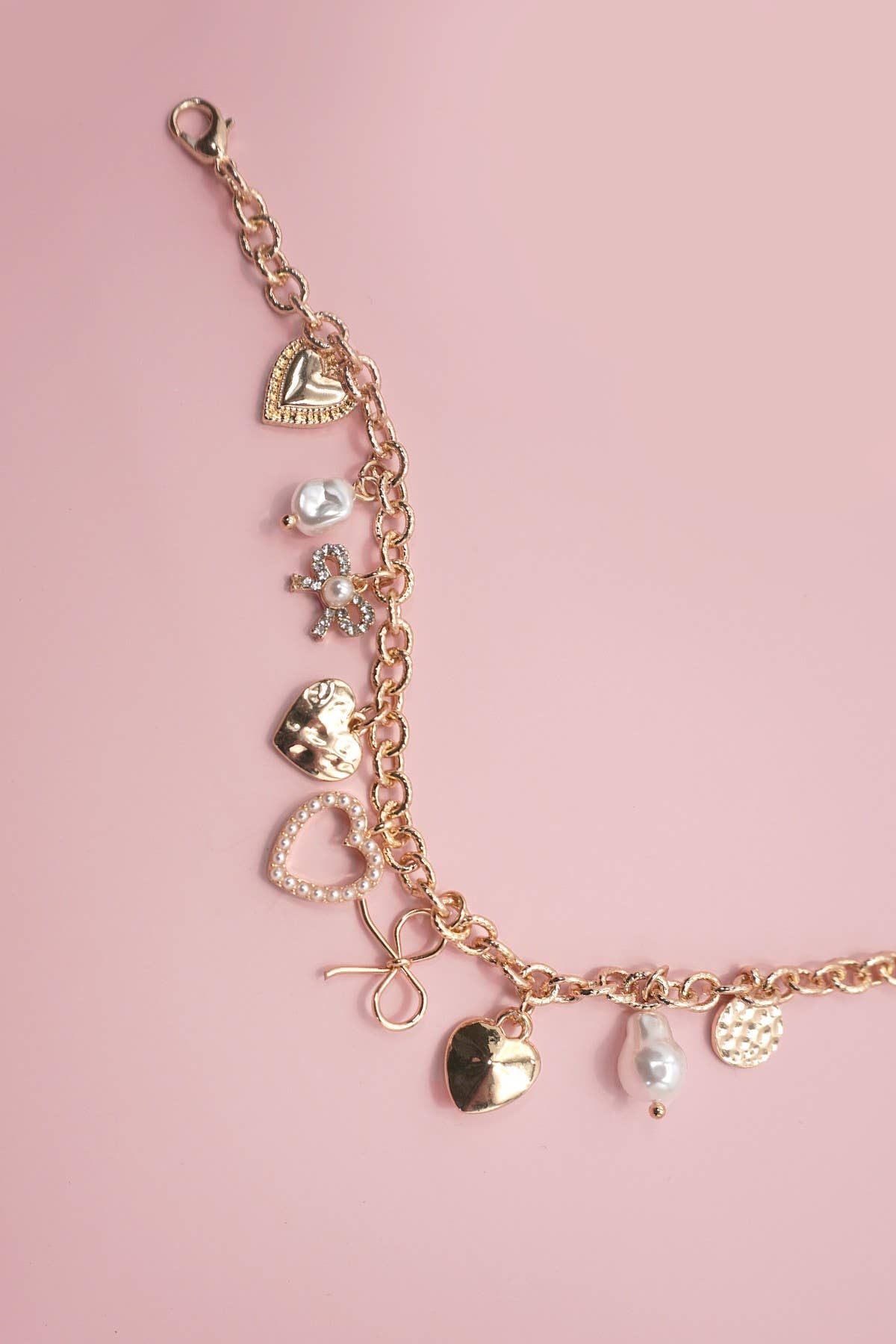 BOW HEART PEARL CHARM BRACELET