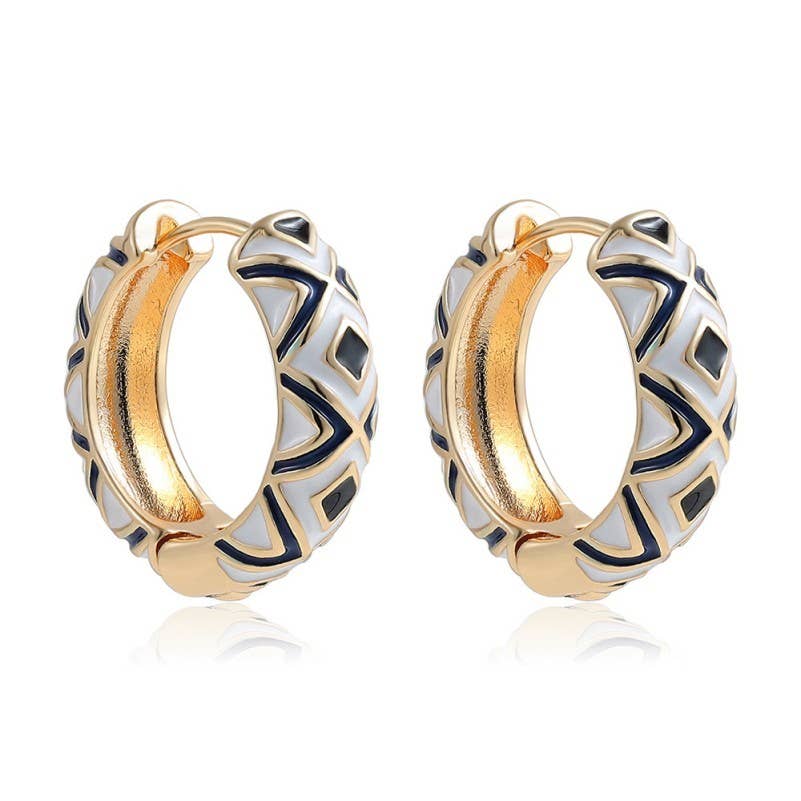 VINTAGE CLOISONNE AZTEC HUGGIE HOOP EARRINGS