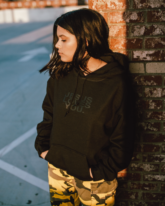 3-D Puff Print Black on Black Logo Hoodie: Large