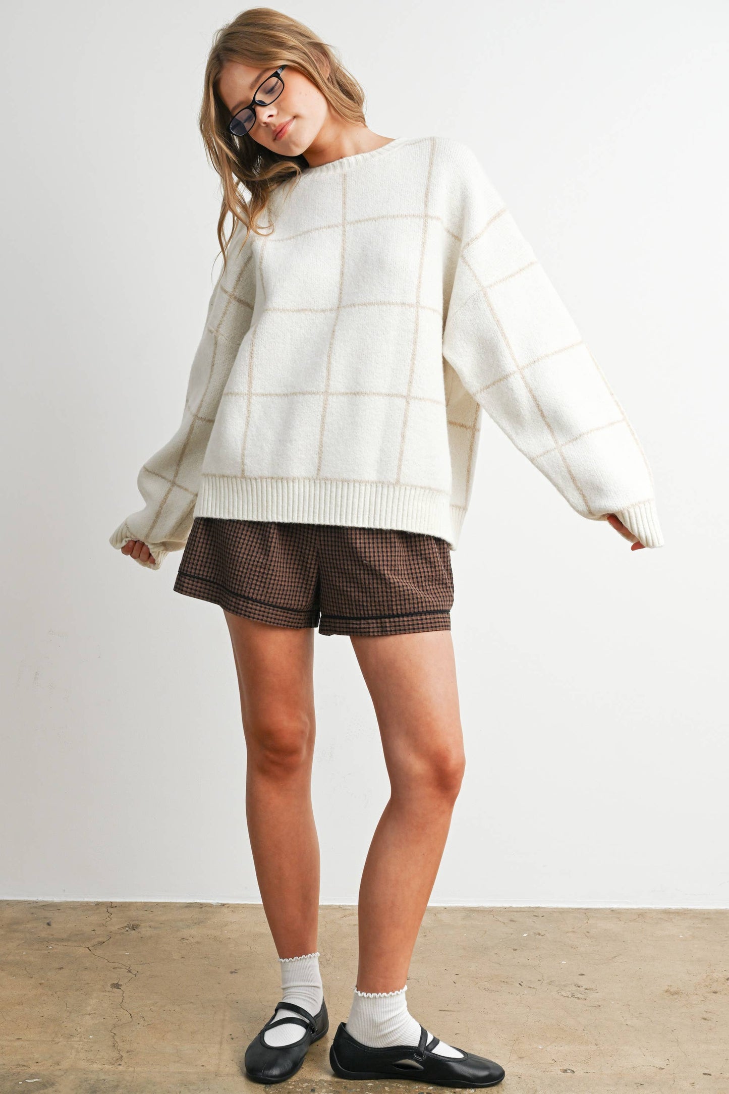 Checkered Crew Neck Knit Sweater