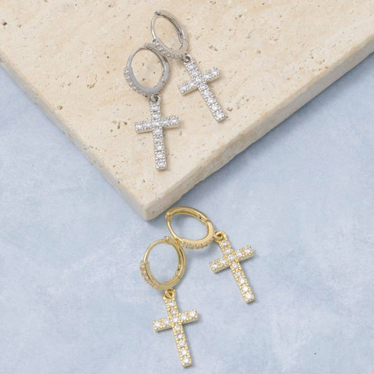Secret Box Gold Dipped Cz Pave Cross Drop Earrings