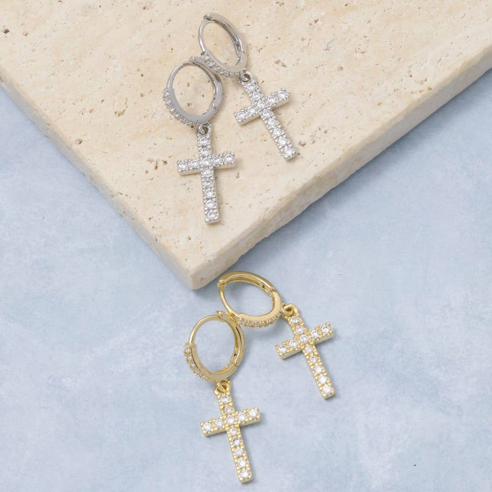 Secret Box Gold Dipped Cz Pave Cross Drop Earrings