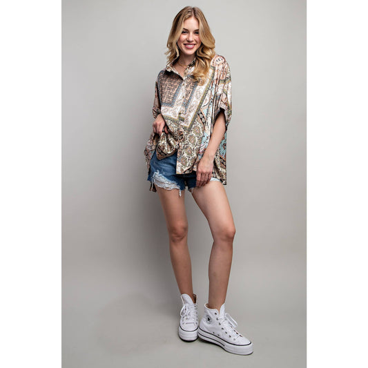 Satin Print Button Down Shirt: Mocha