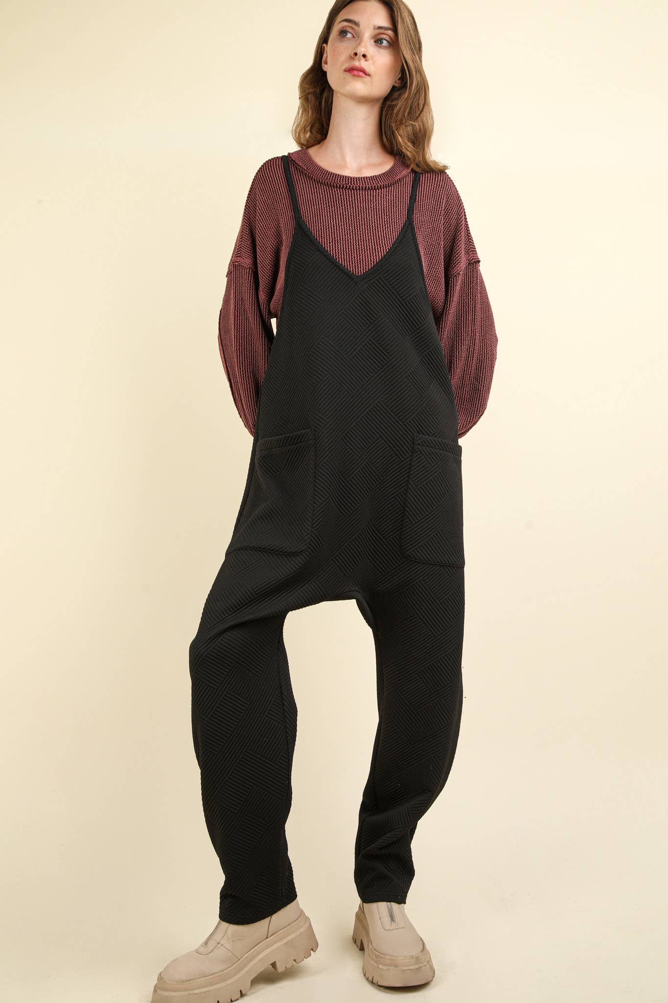 Quilted Loose Fit Casual Baggy Knit Jumpsuit: BLACK