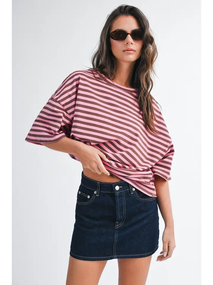 Oversized Stripe Boyfriend Tee- Chocolate