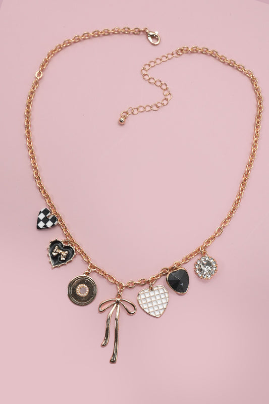 Checkered Bow Charm Necklace