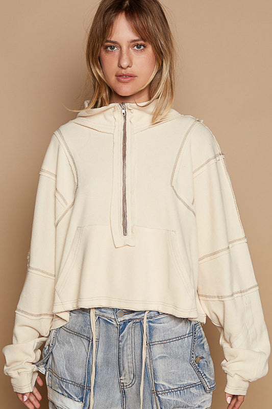 Cream Detailed Cropped Half Zip