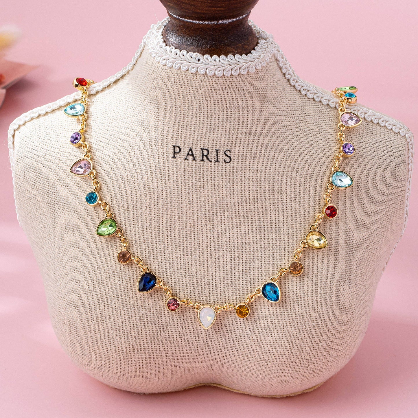 Rainbow Teardrop Gemstone Charm Necklace |  Gold
